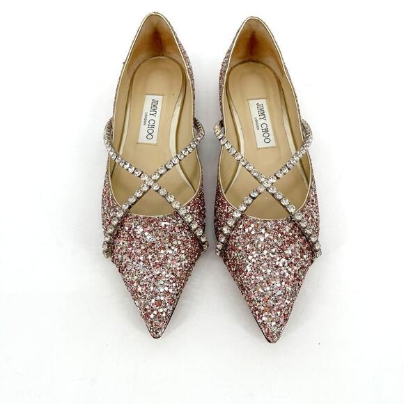 Jimmy Choo Rose Gold Genevi Coarse Glitter Crystal Pointed Toe Flat size IT 39.5 - Picture 6 of 13
